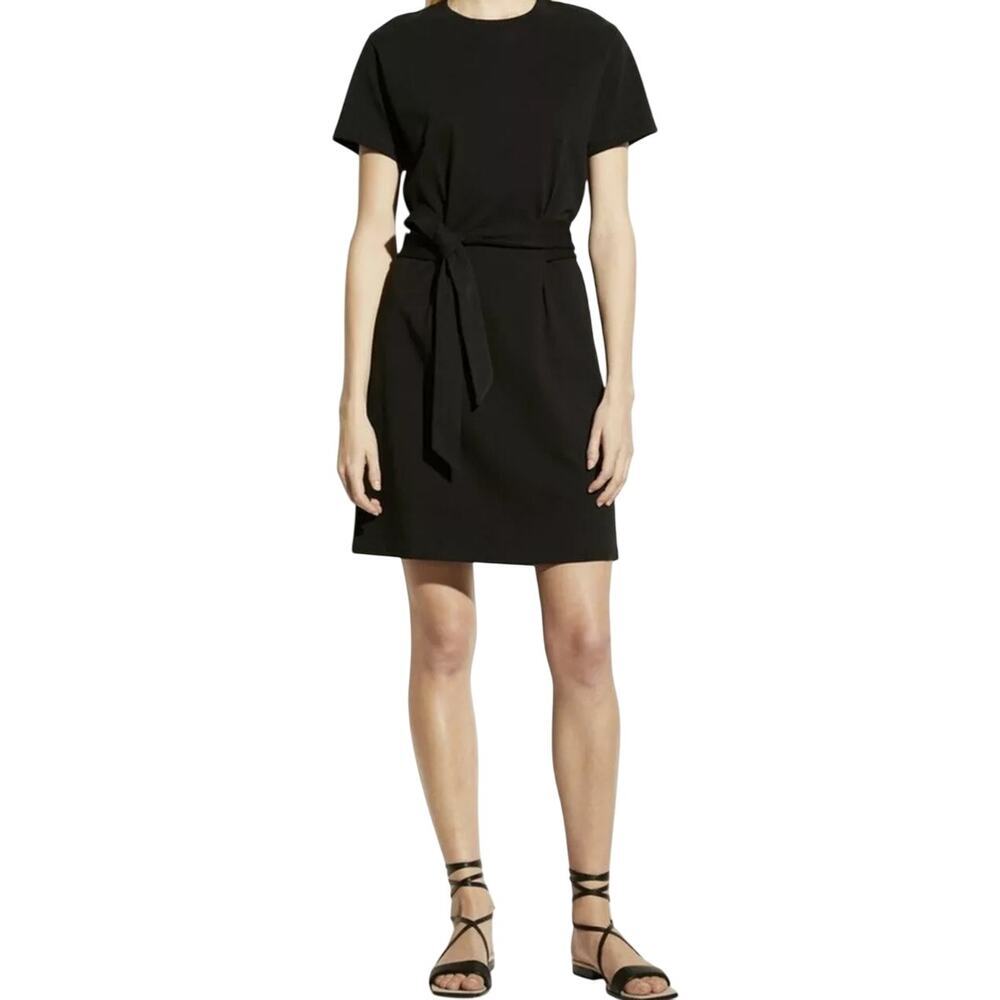 New Vince Crew Neck Flattering Tie Front Shirt Dress Black 100% Cotton Women's L